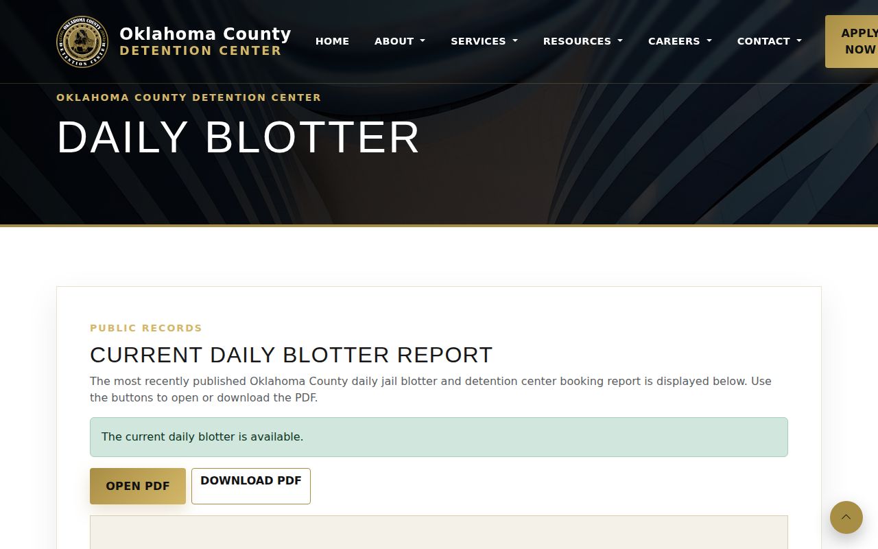 OCDC current daily blotter page with its report label and update information